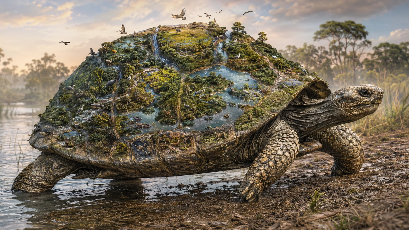Realistic turtle crossing a muddy riverbank with maplike shell
