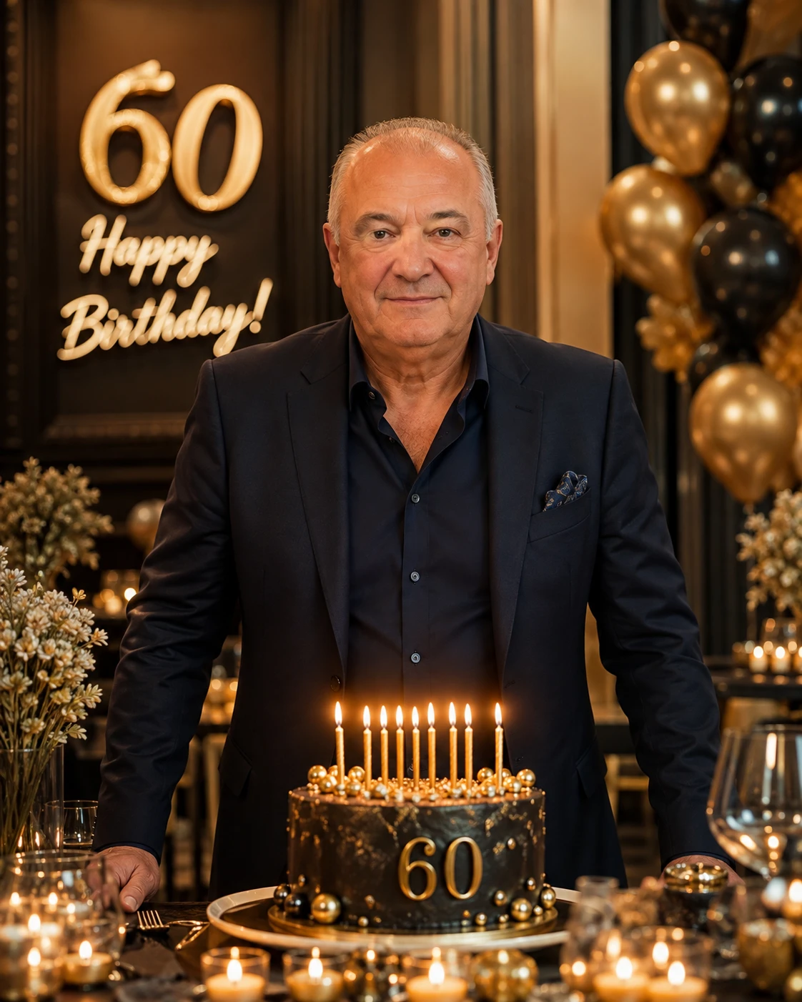 Retrato de cumpleaños cinematográfico con mujer y decoración de fiesta luminosa