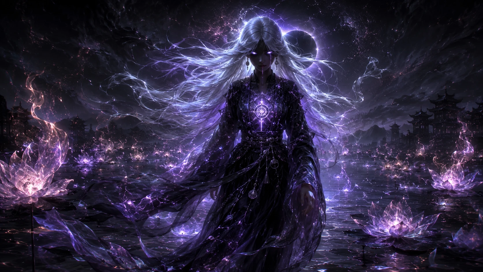 Mystical sorceress with glowing eyes emerging from shadow
