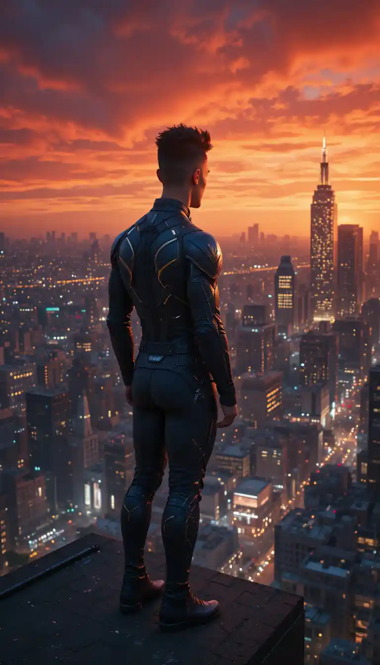 Superhero on city rooftop at dramatic sunset sky