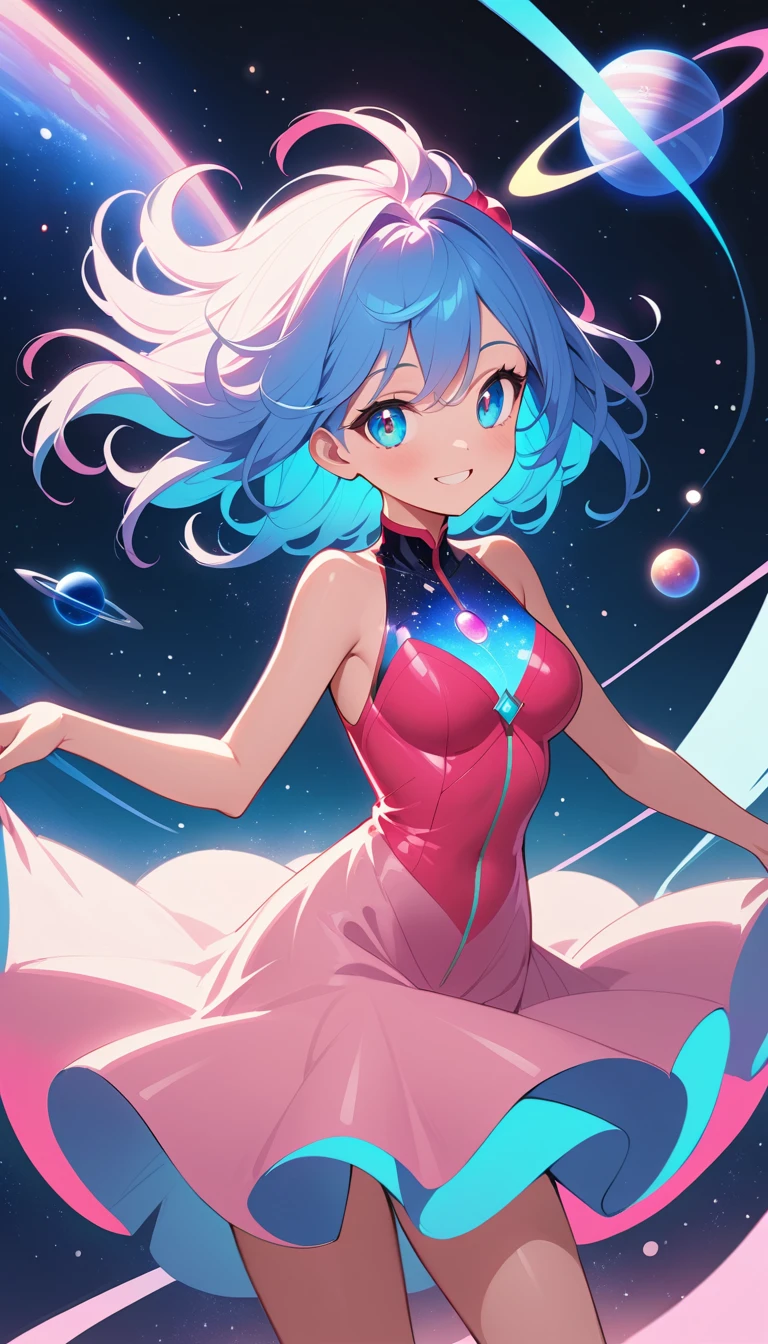 Chica de anime de pelo azul con vestido rosa sonriendo al espectador