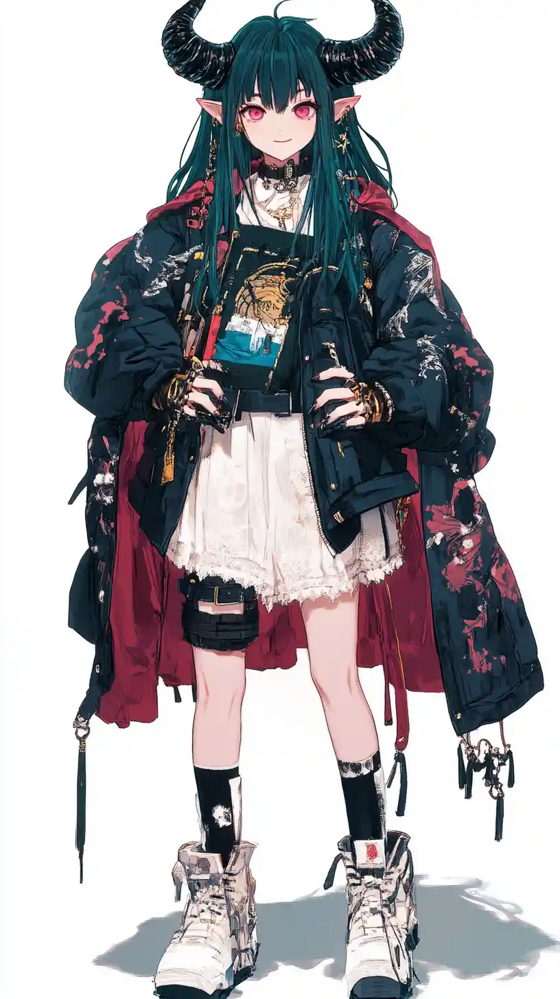 Anime-Mädchen mit dämonischem Horn in aufwendiger Streetwear