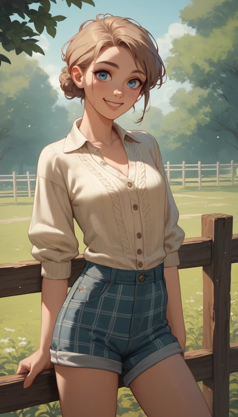 Playful anime girl in vintage outfit by a wooden fence