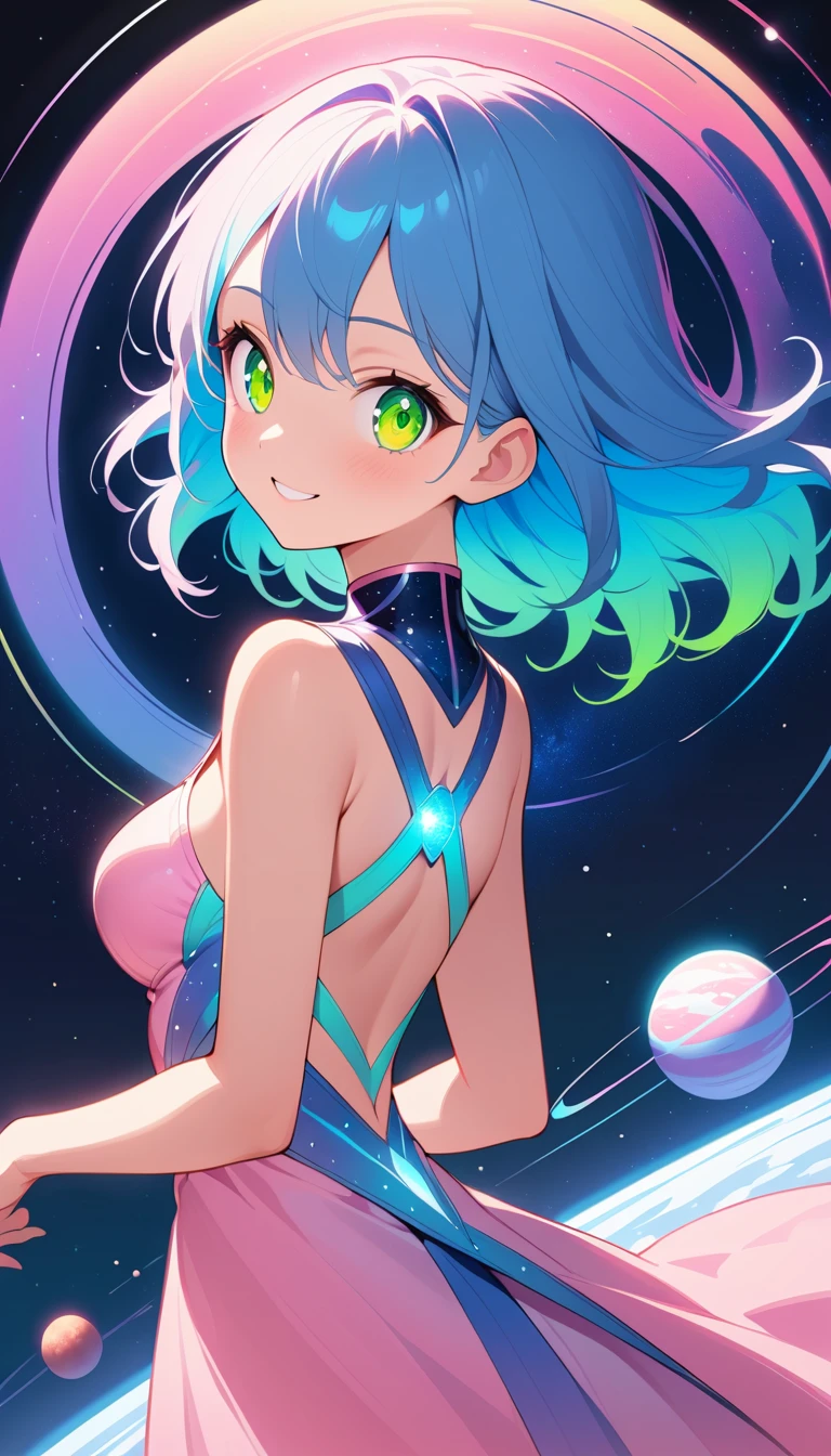 Mujer de anime de cabello azul subiendo el cierre de su vestido rosa