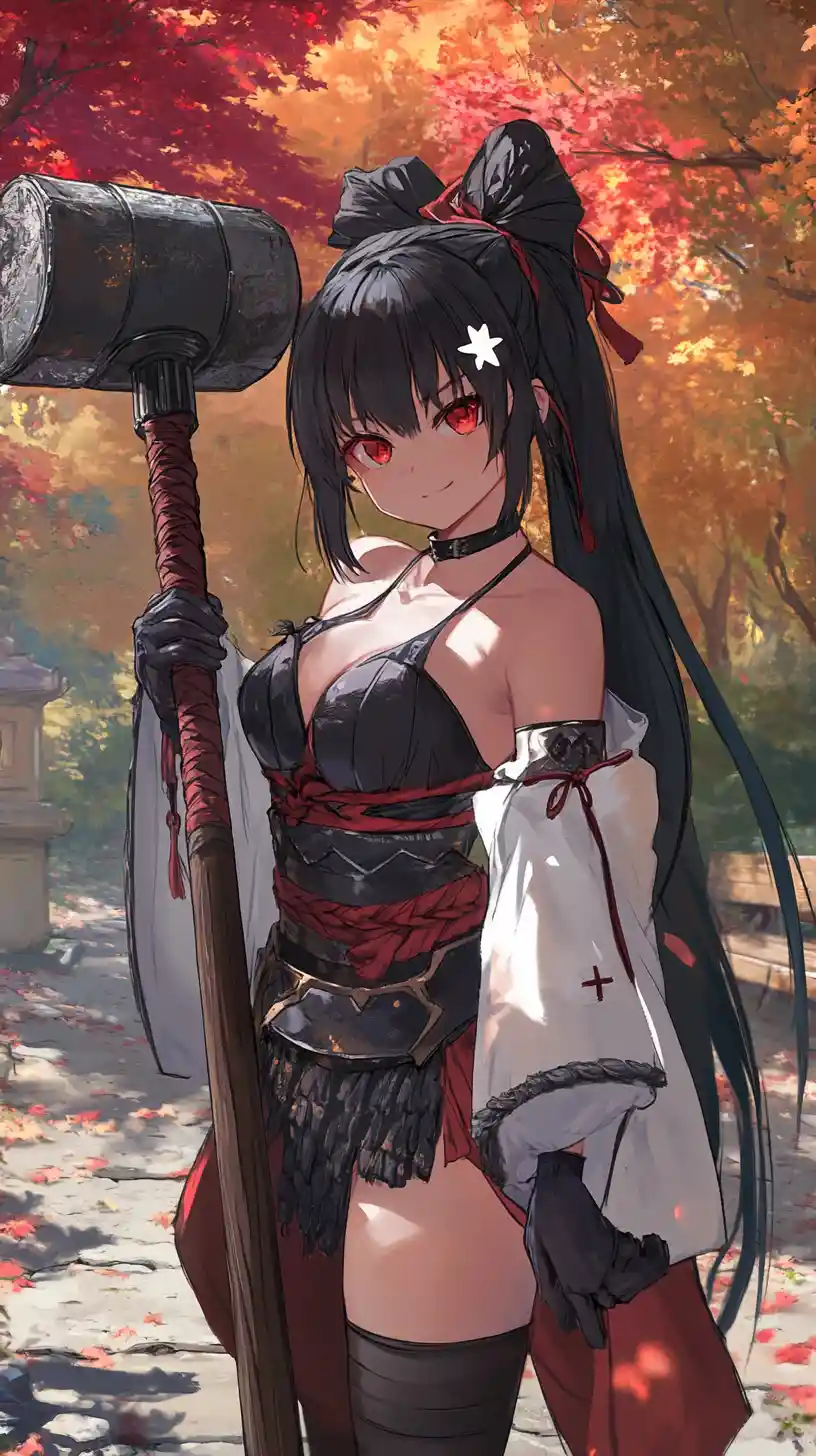 Anime girl warrior with hammer in traditional armor