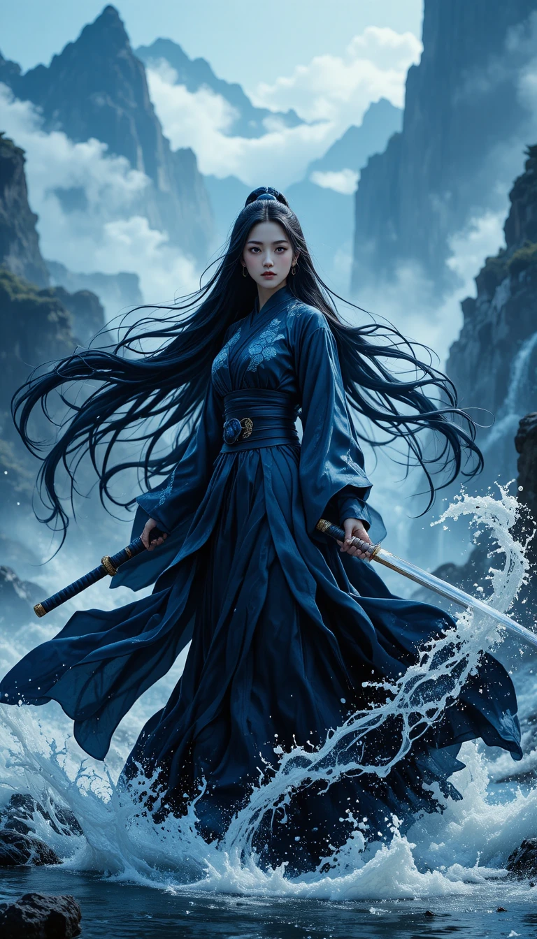 Anime swordswoman by a mountain waterfall with katana drawn