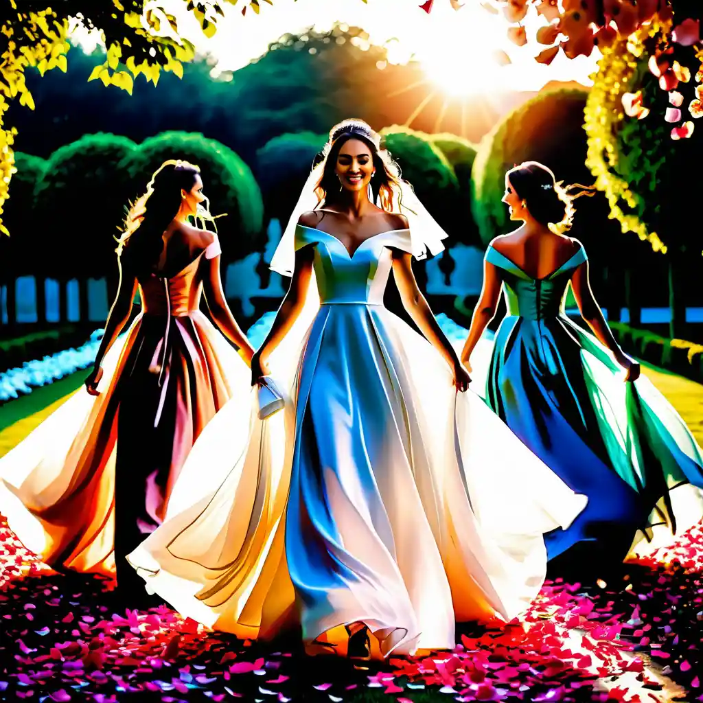 Novia caminando entre damas de honor en un jardín bañado por el sol
