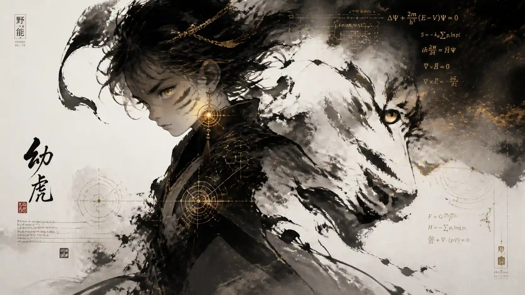 Futuristic feline child dissolving into abstract ink strokes
