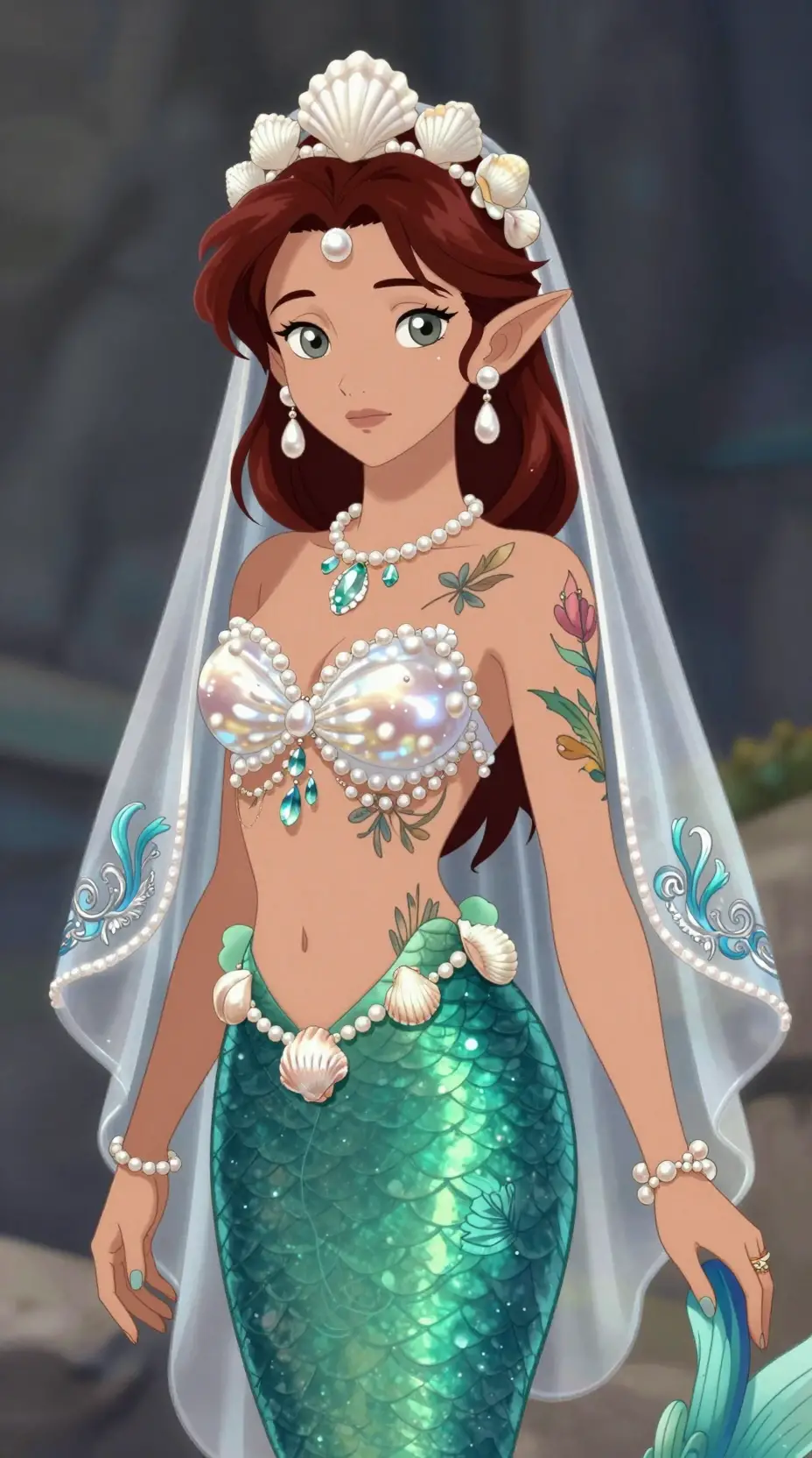 Elegante Meeresprinzessin mit smaragdgrüner Flosse und Muschelkrone