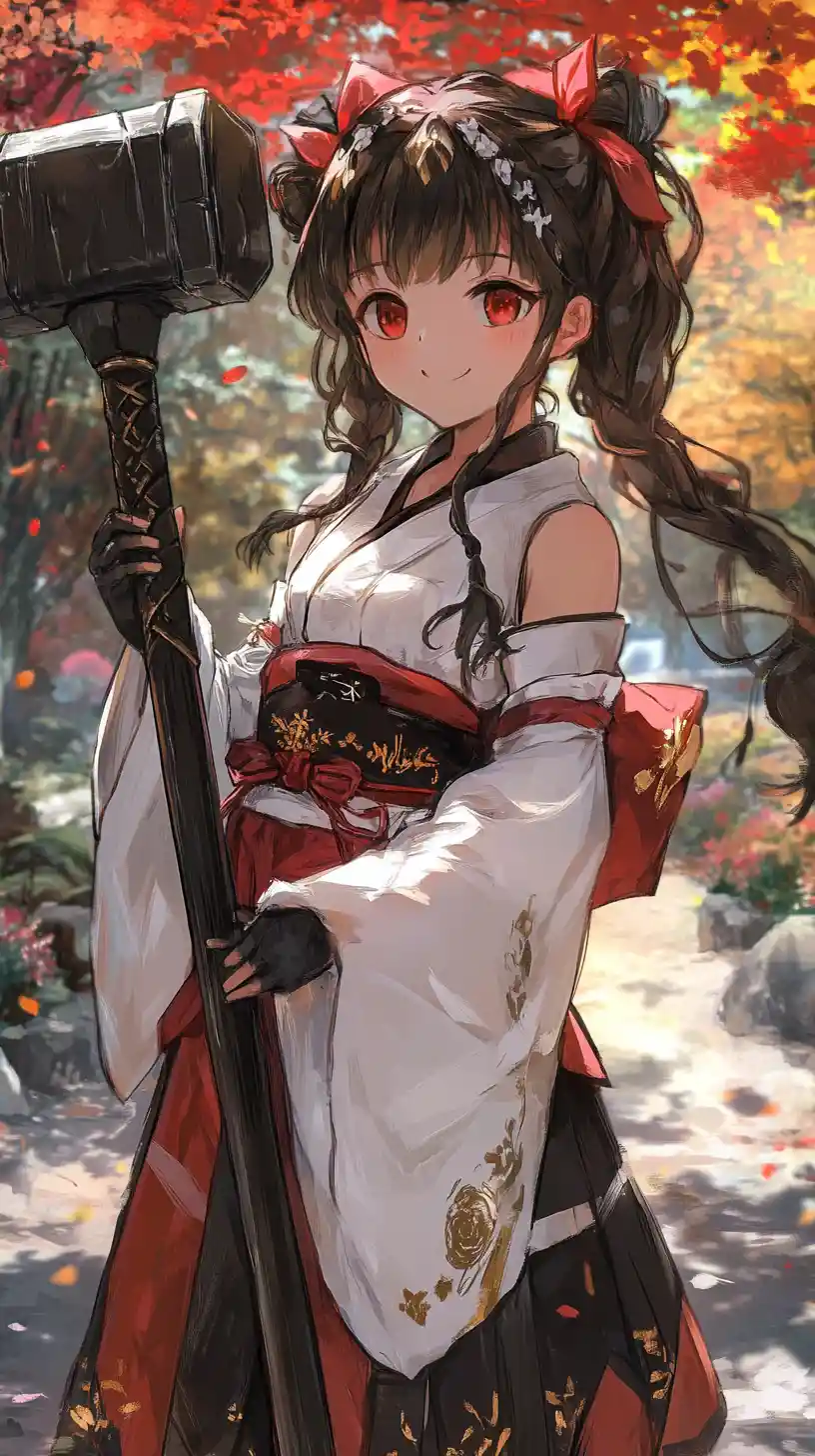 Anime girl warrior with giant hammer in a park