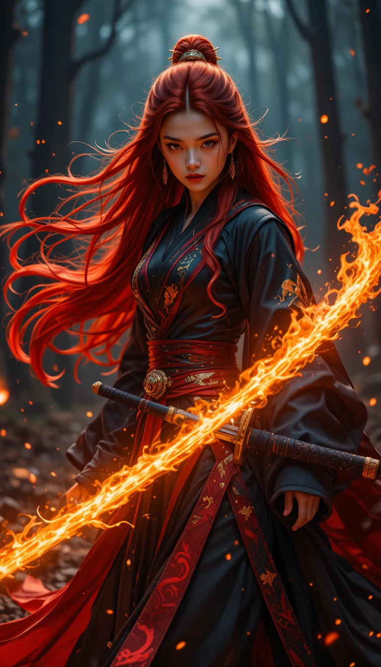 Fiery haired demon hunter in a burning night forest