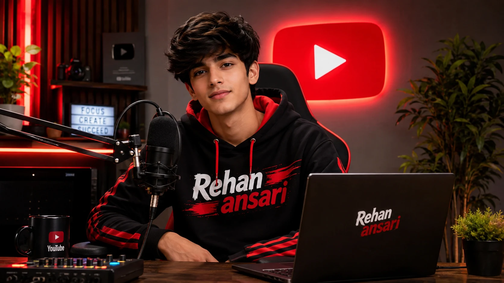 Chico de anime haciendo streaming en escritorio con micrófono