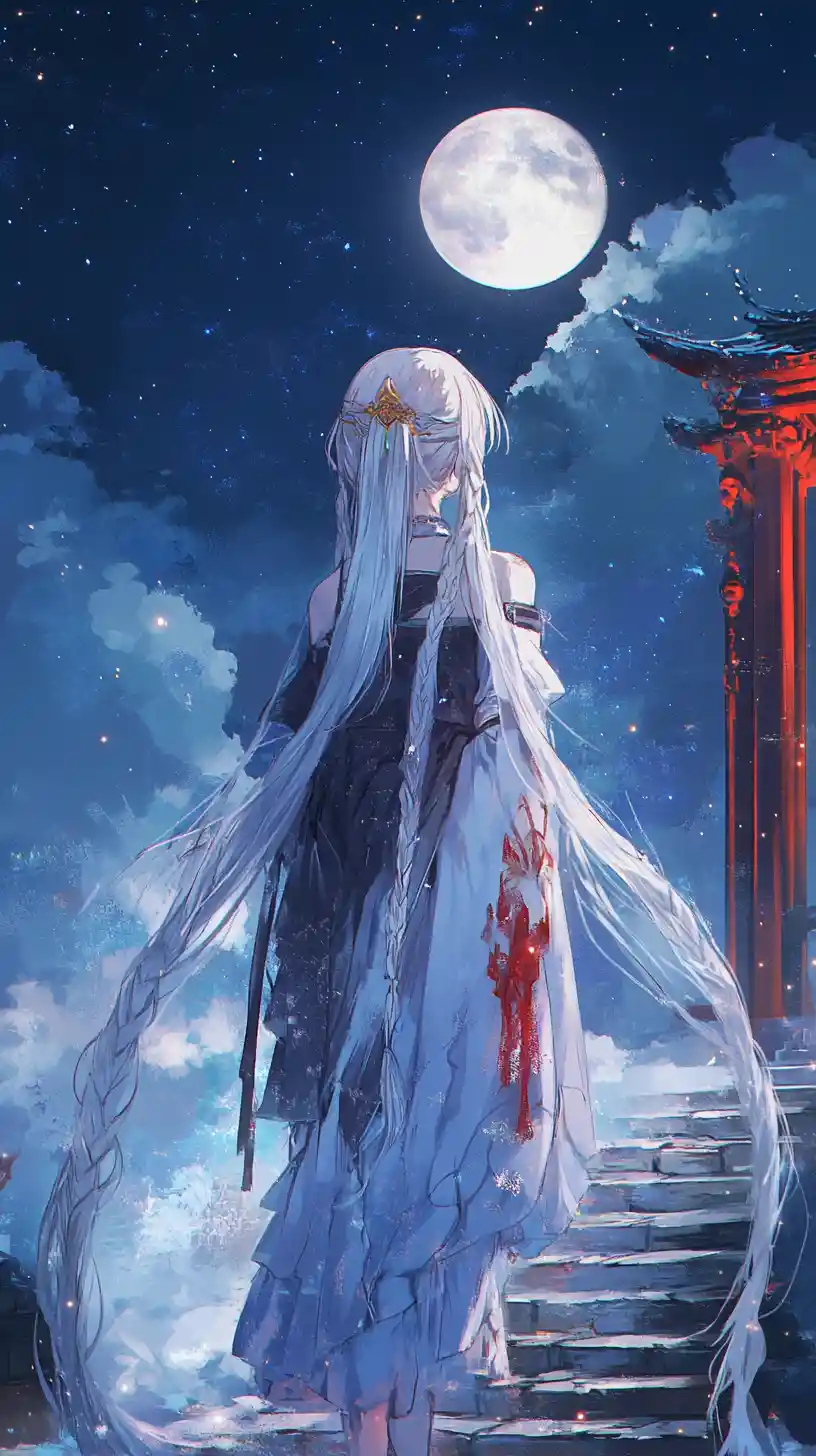Ragazza anime che sale scale di pietra contorte sopra fiamme blu