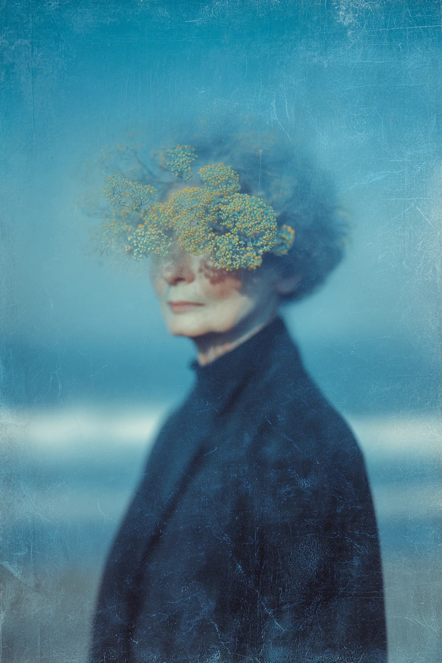 Mujer madura surrealista que teje flores a partir de olas del mar en movimiento