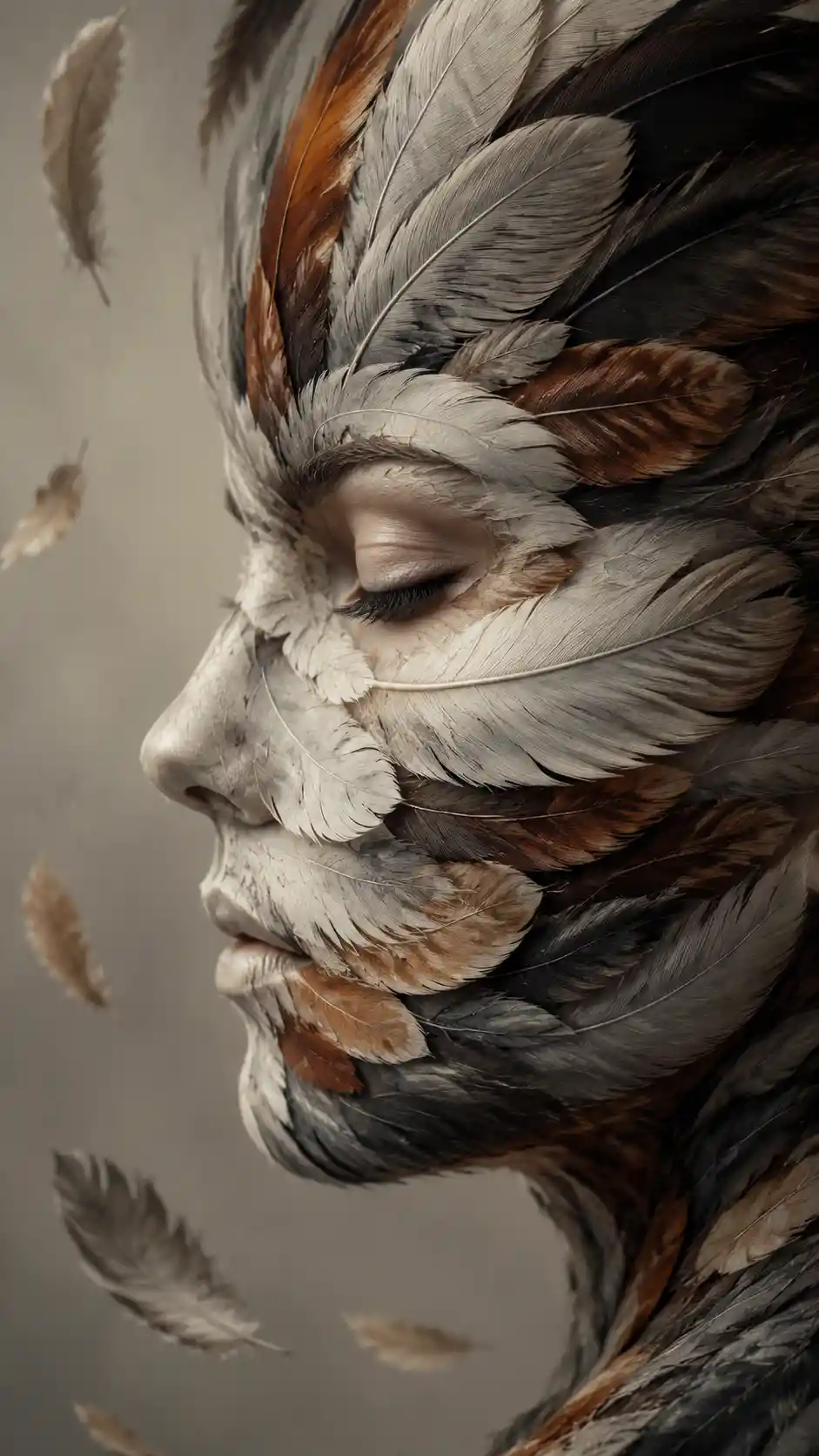 Retrato surreal com penas de um rosto humano sereno e oculto