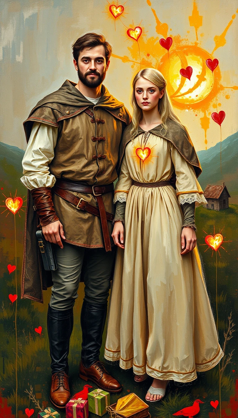 Medieval peasant couple in a close loving portrait