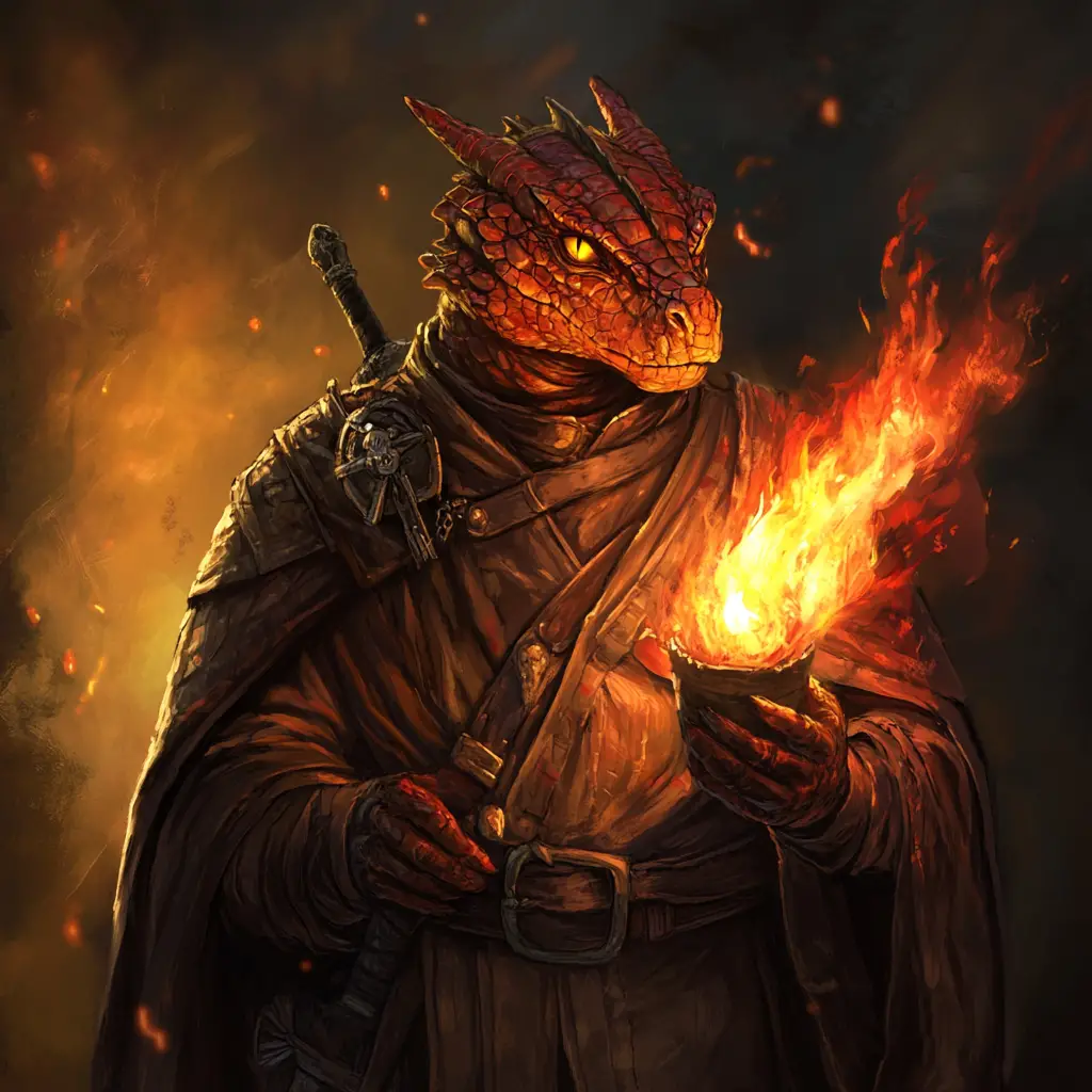 Red dragonborn cleric casting fire magic in brown robes
