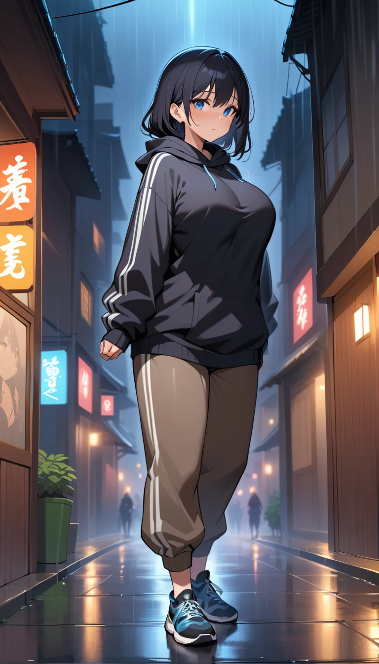 Anime-Frau in Sportkleidung auf einer regnerischen Straßenkulisse