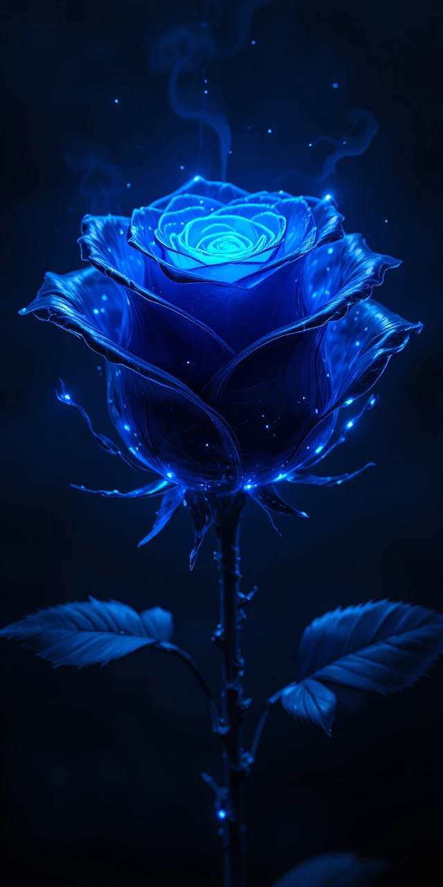 Rosa negra luminosa con luz azul en un espacio abstracto oscuro