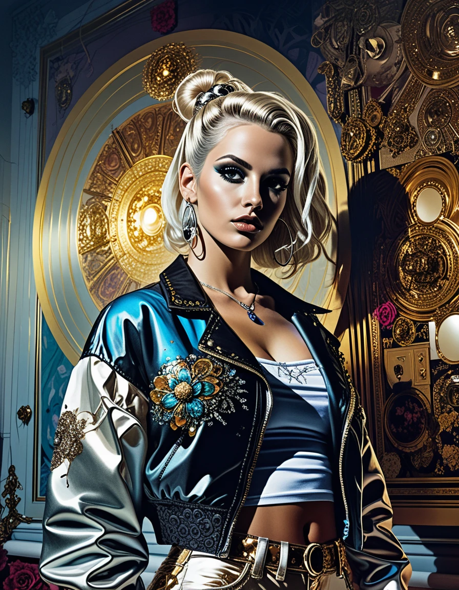 Glamorous urban blonde artist posing before graffiti mural