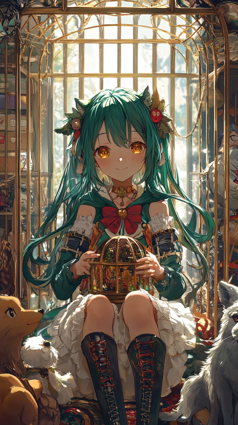 Anime-Mädchen singt in einem goldenen Käfig voller bunter Kissen