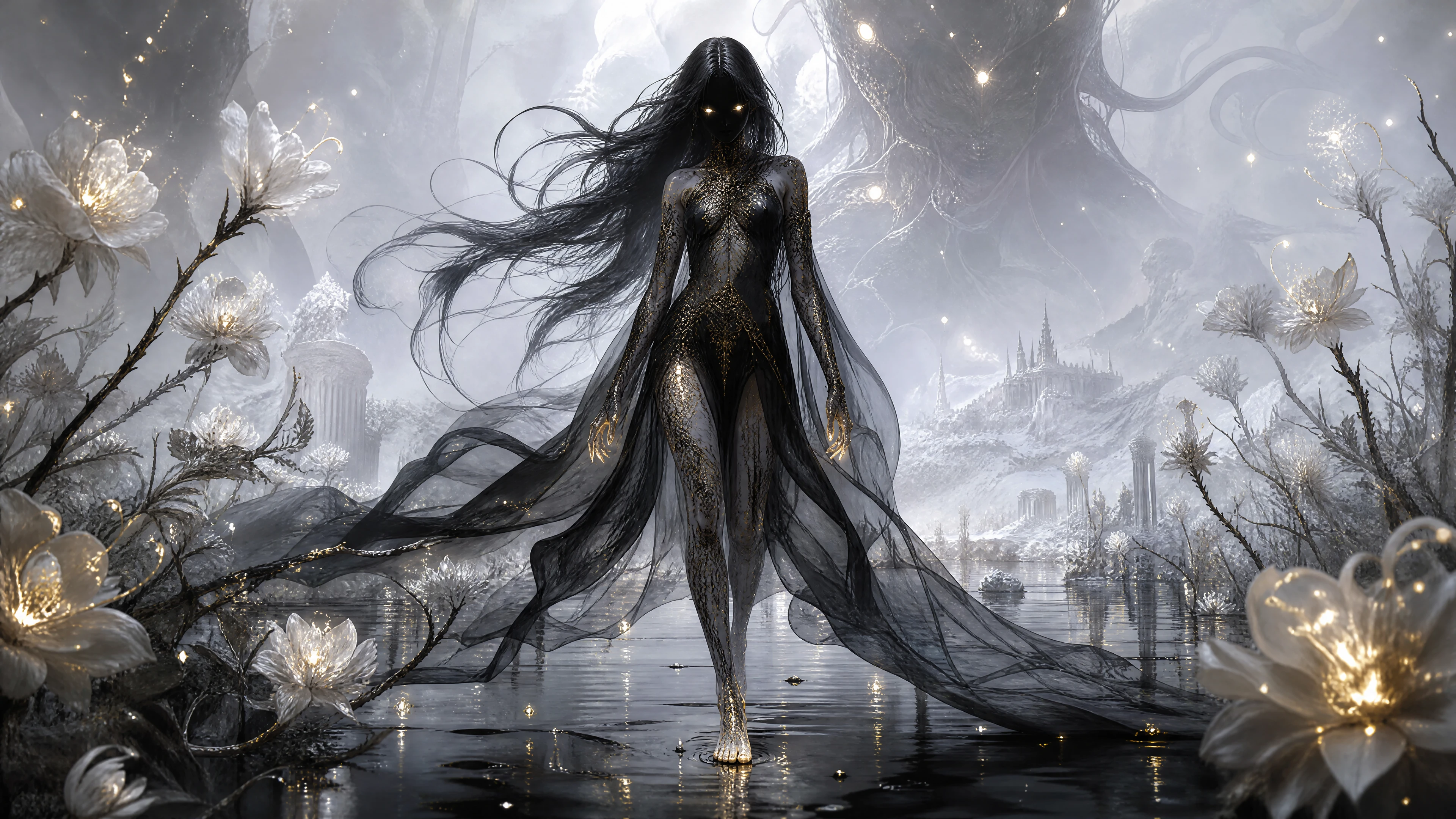 Mystical tattooed priestess in a white enchanted realm