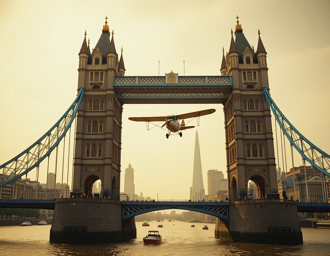 Vintage-Doppeldecker fliegt bei goldener Stunde zwischen der Tower Bridge hindurch