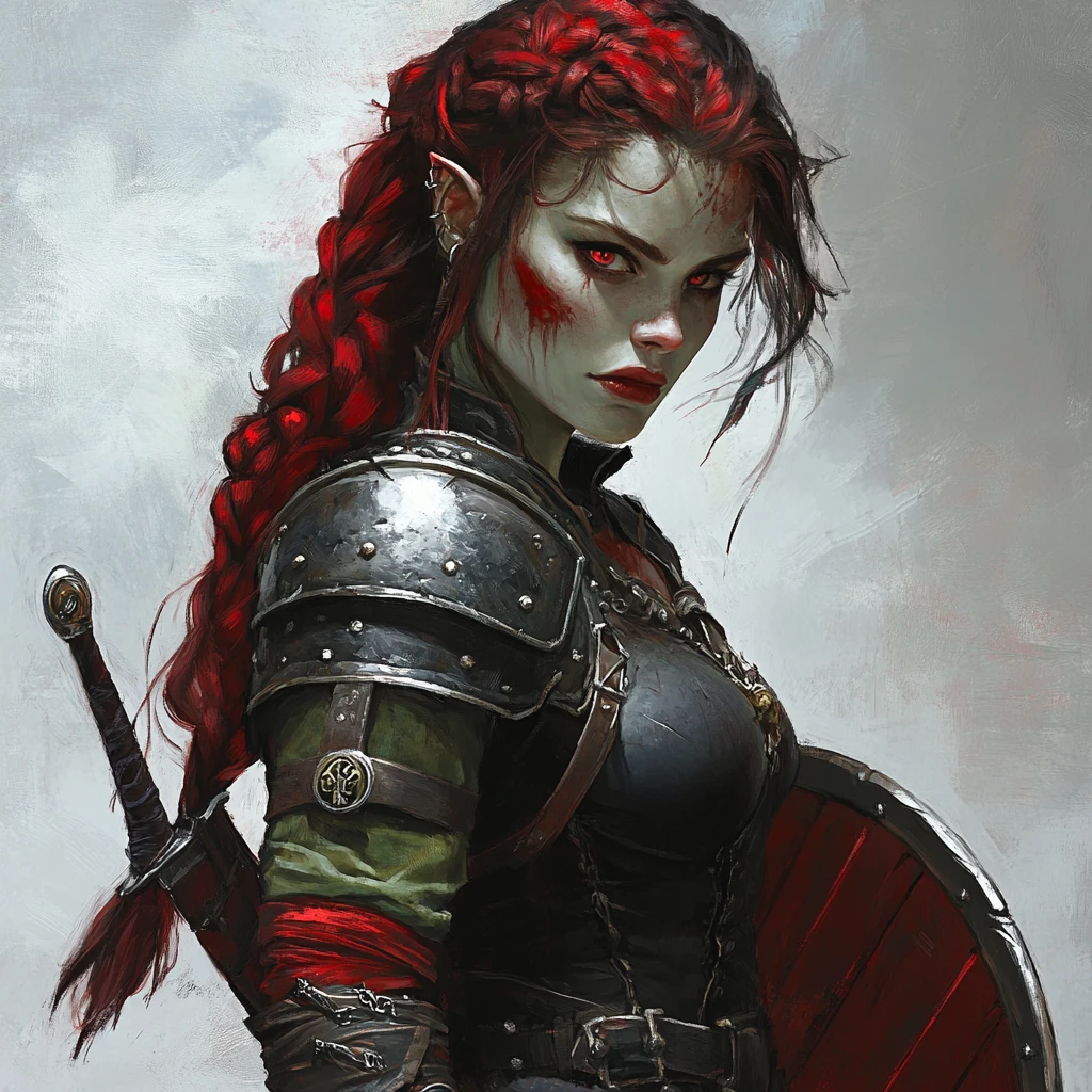 Dark orc cleric woman with braided hair and shield