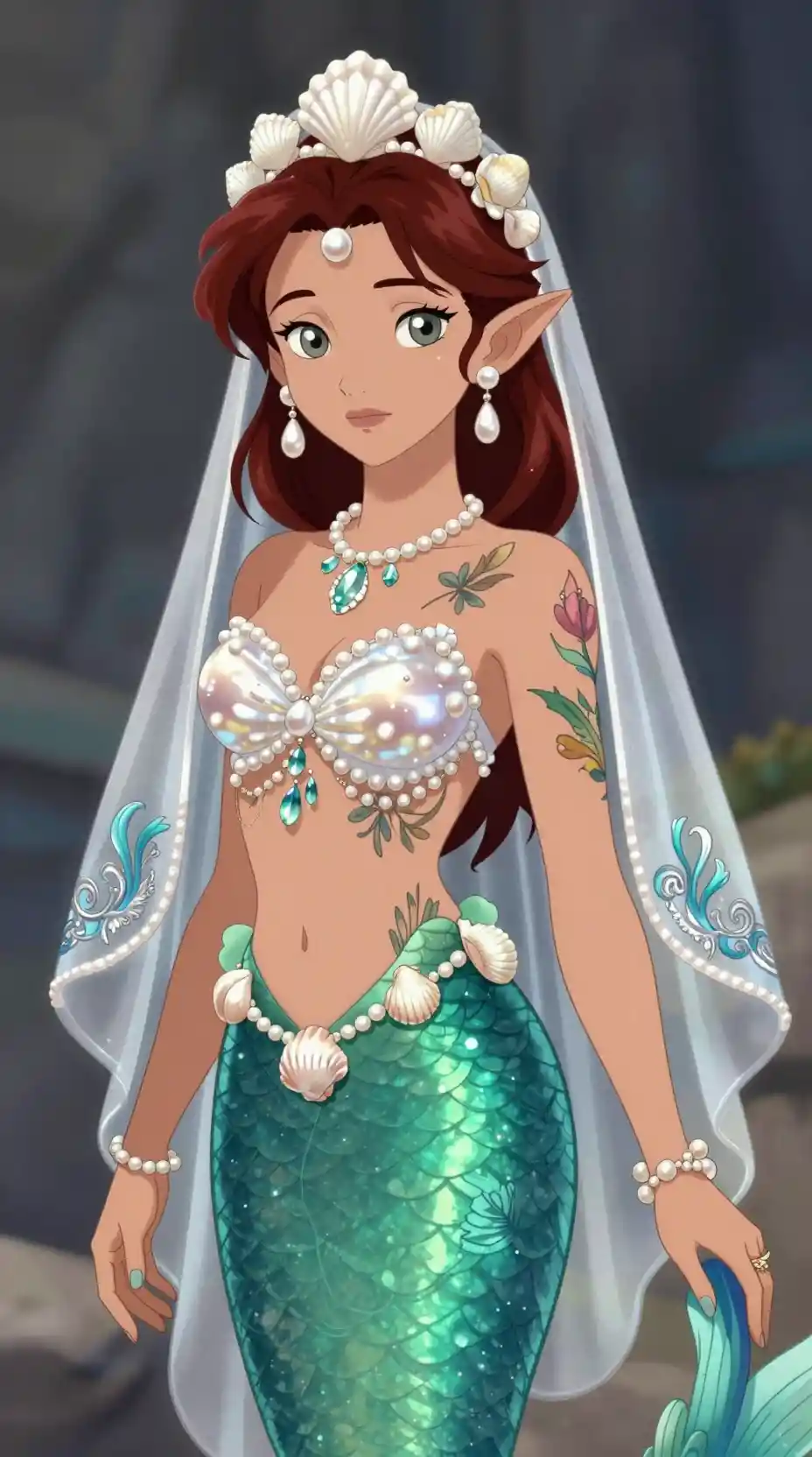 Elegant mermaid princess with emerald tail and seashell crown