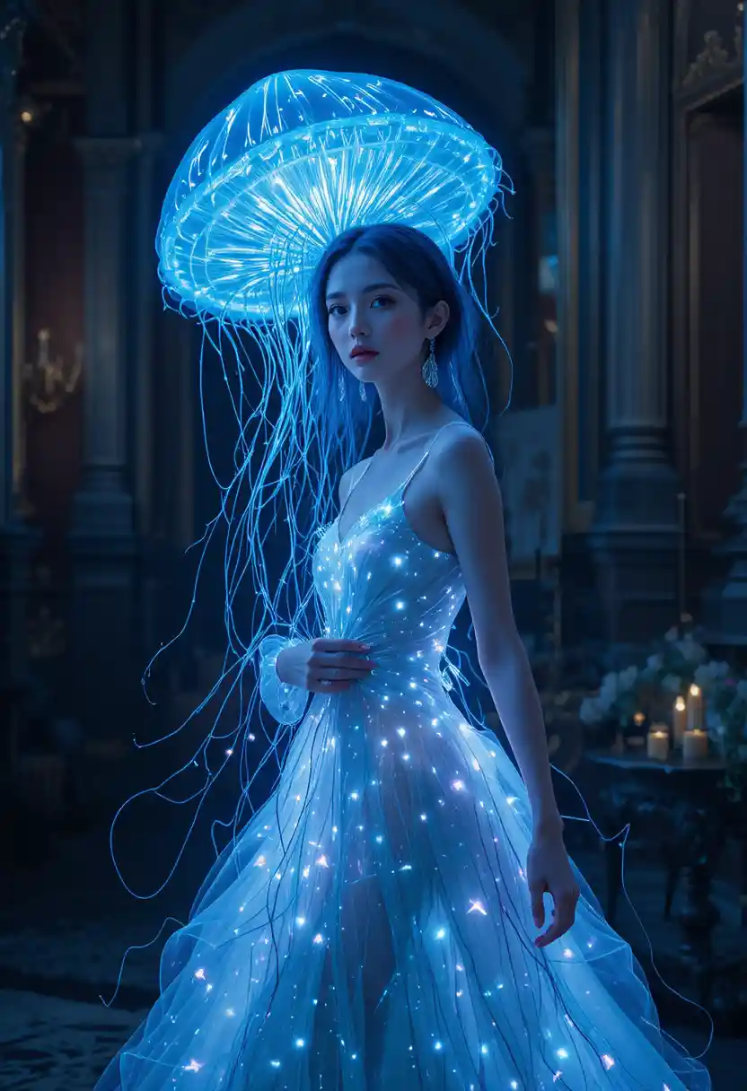 Mujer elegante con vestido de alta costura inspirado en medusas