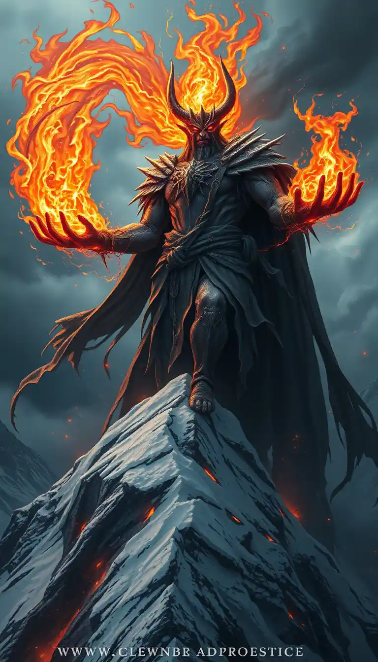 Mythical giant summoning fire atop a snowy mountain