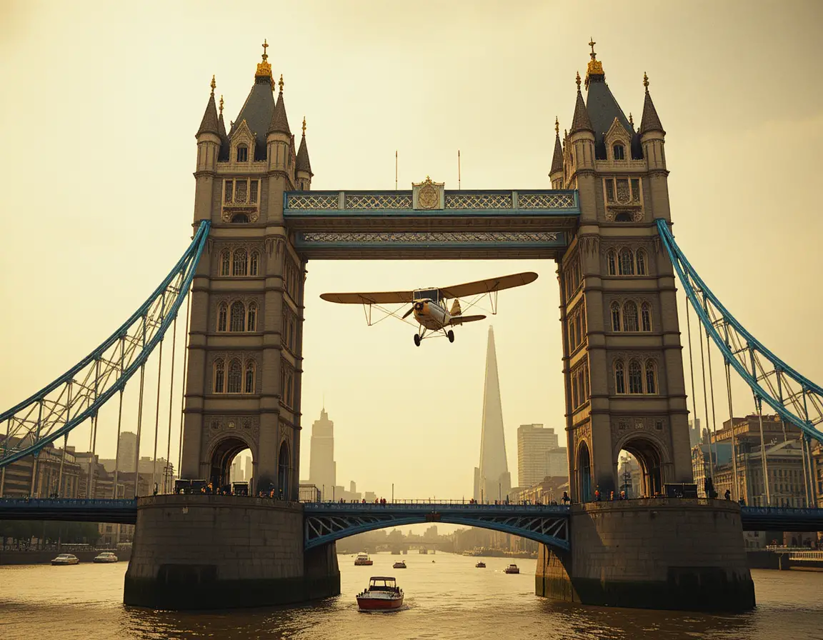 Vintage biplane flying between Tower Bridge at golden hour