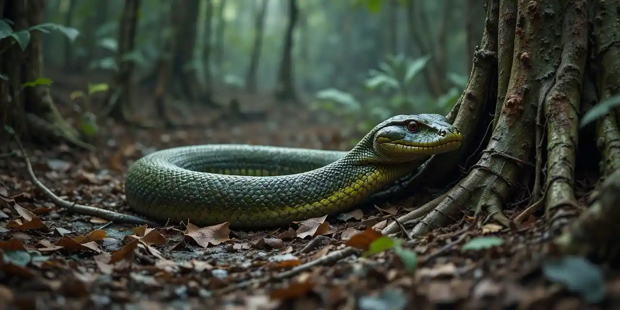 Gigante sucuri-verde enrolada sobre o chão de floresta coberto de folhas