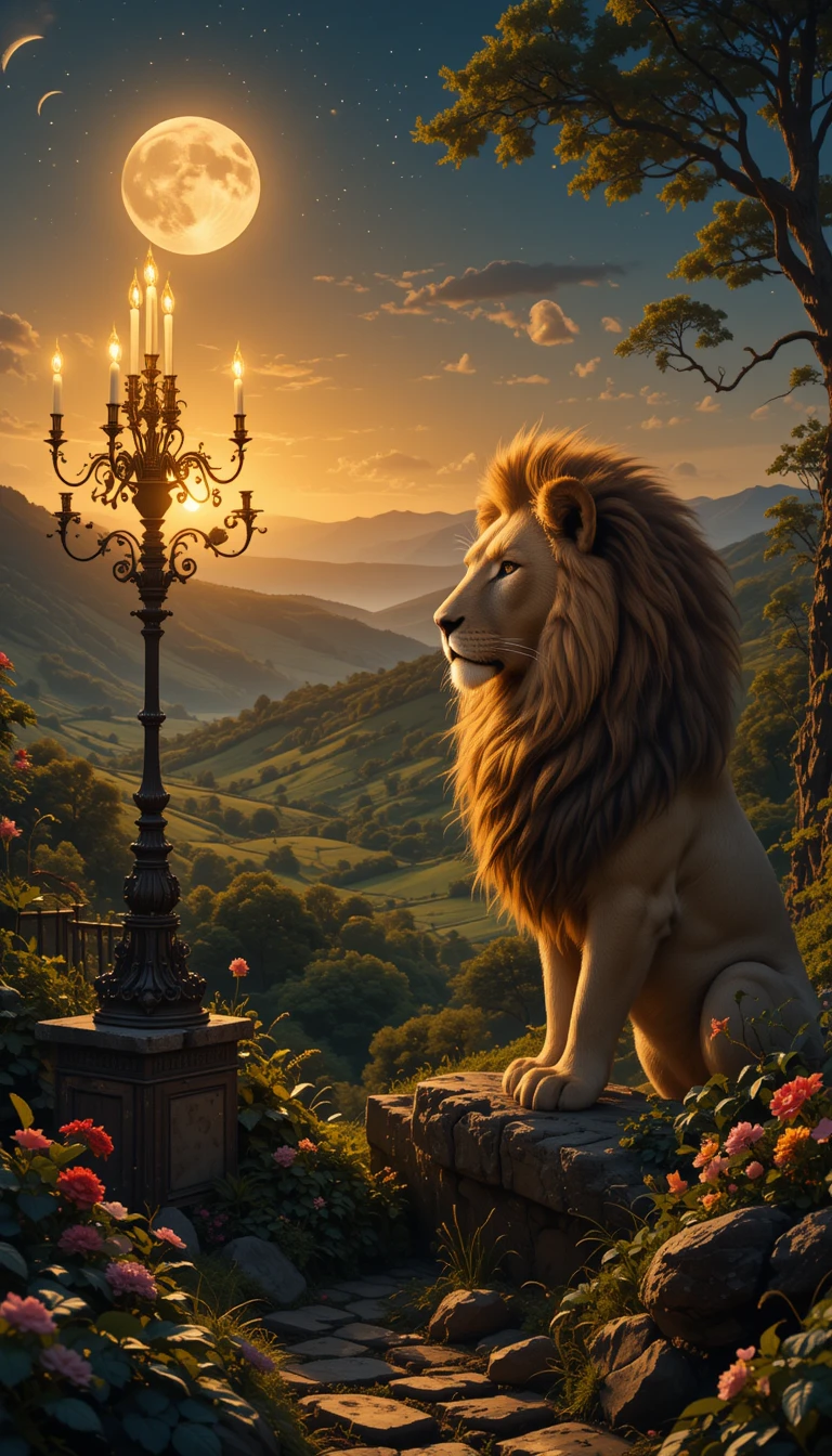 León majestuoso en una tranquila escena nocturna campestre a la luz de las velas