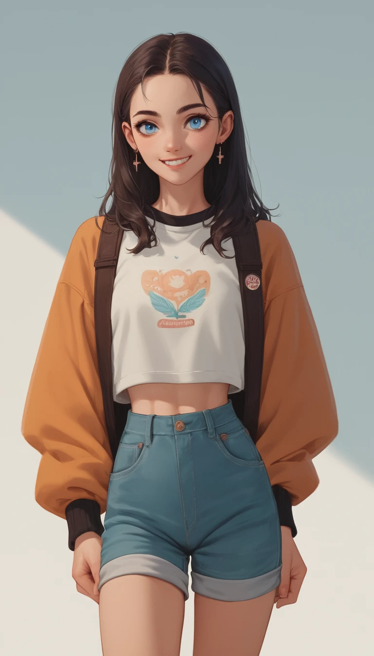 Garota de anime divertida de suéter e shorts de comprimento médio