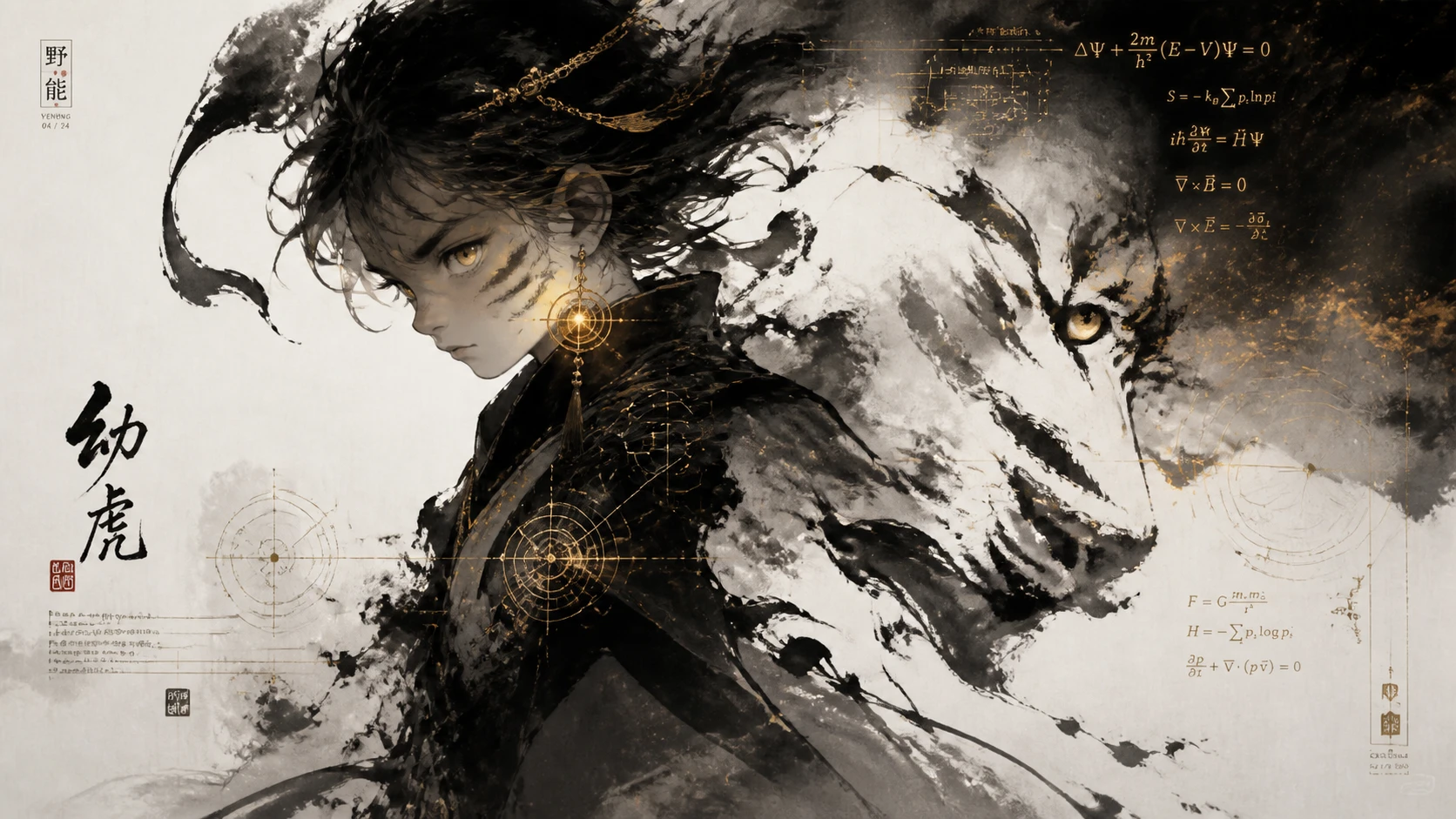 Futuristic feline child dissolving into abstract ink strokes