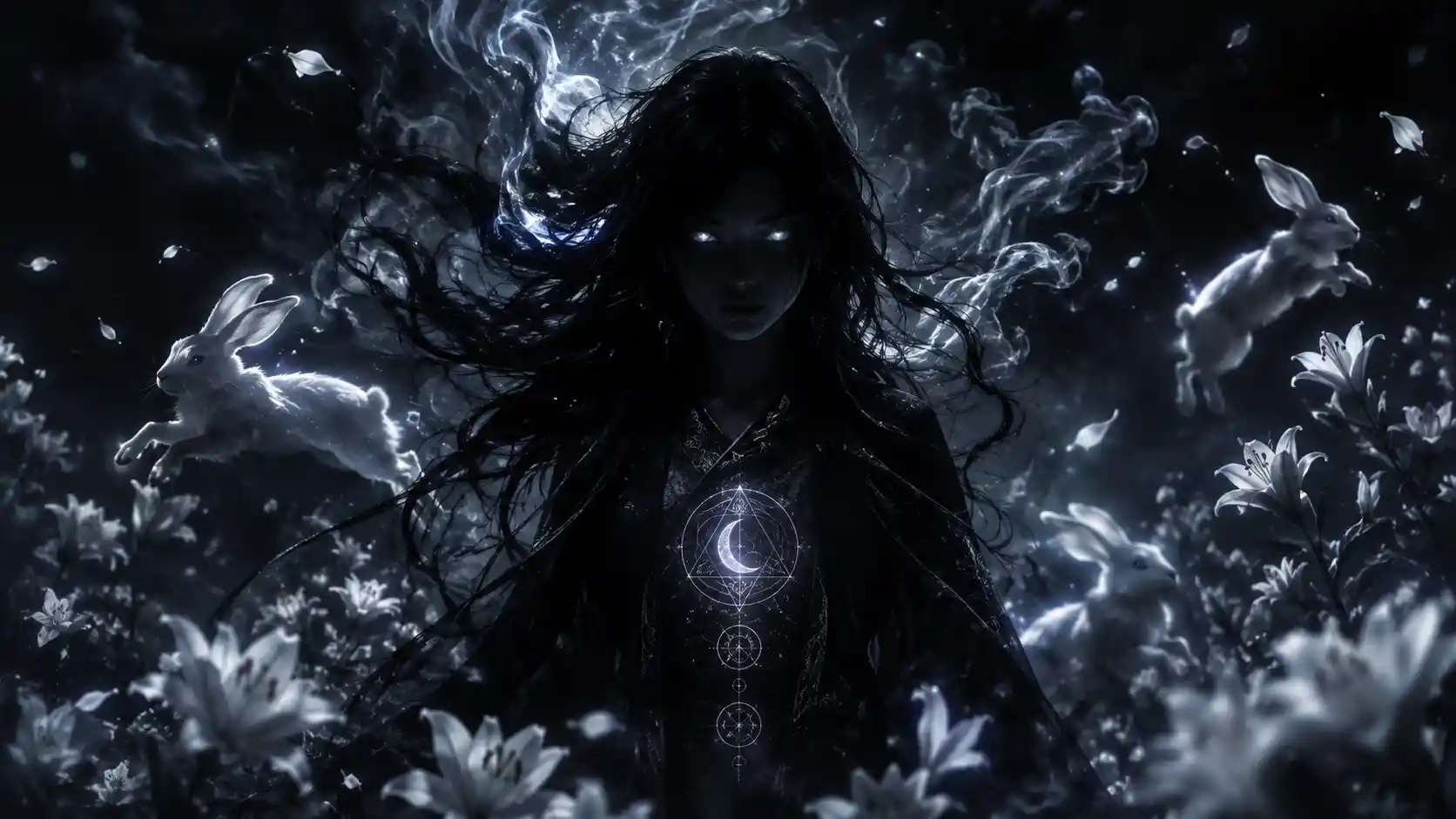 Donna mistica dagli occhi luminosi in un oscuro mondo fantasy