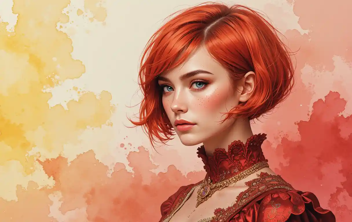 Garota ruiva sardenta em vestido vermelho steampunk ornamentado