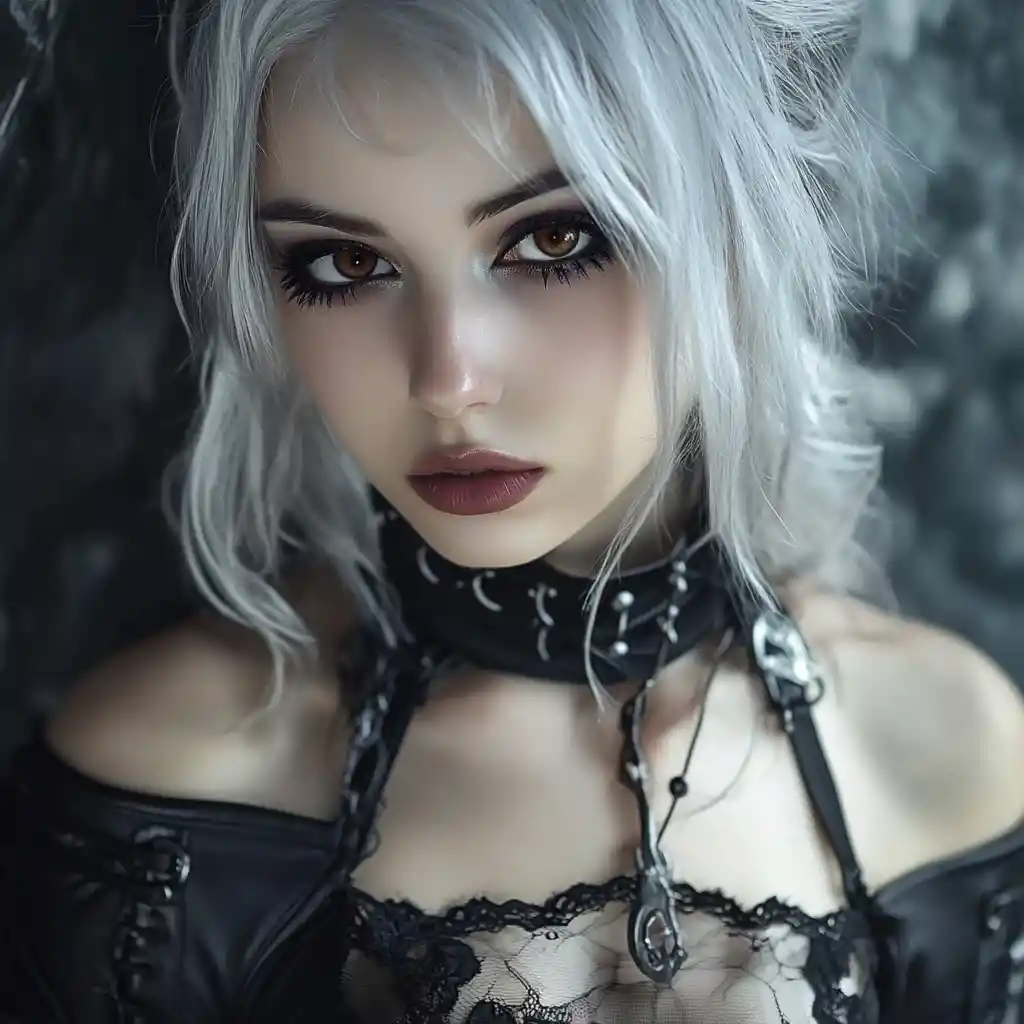 Silver haired fantasy bard woman with dark gothic makeup