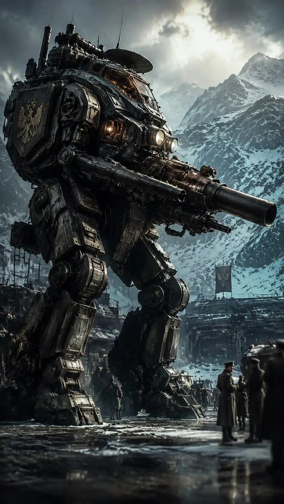 Arktischer Dieselpunk-Kampfmech vor einer verschneiten Gebirgsbasis