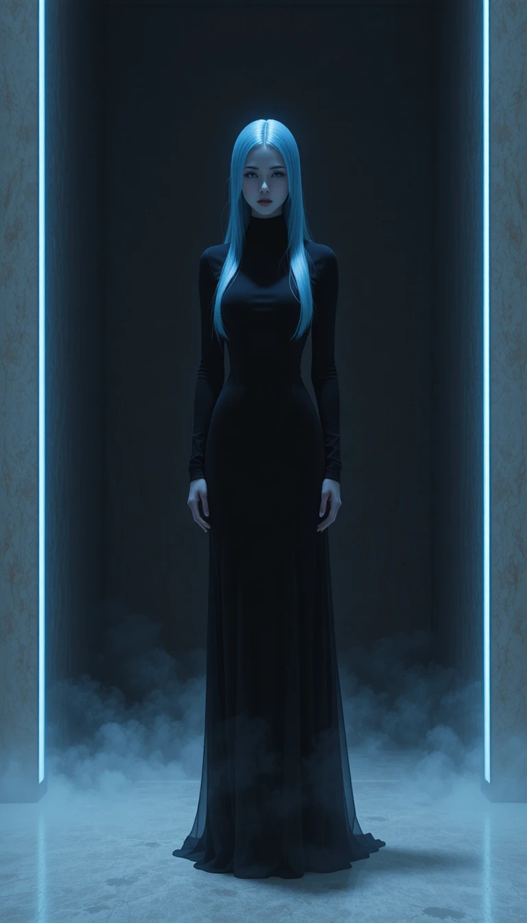 Elegant blue haired woman in black dress on dark background