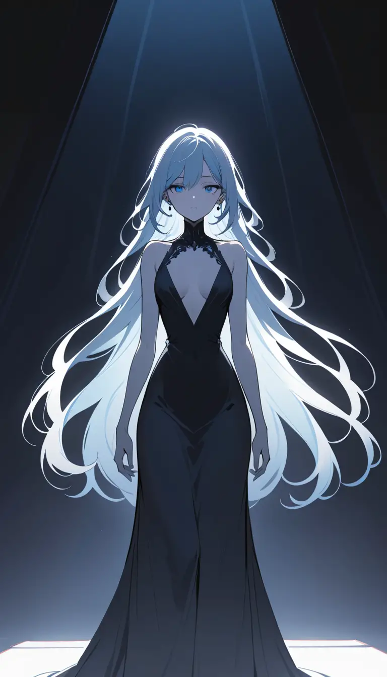 Elegant blue haired woman in black dress against dark void