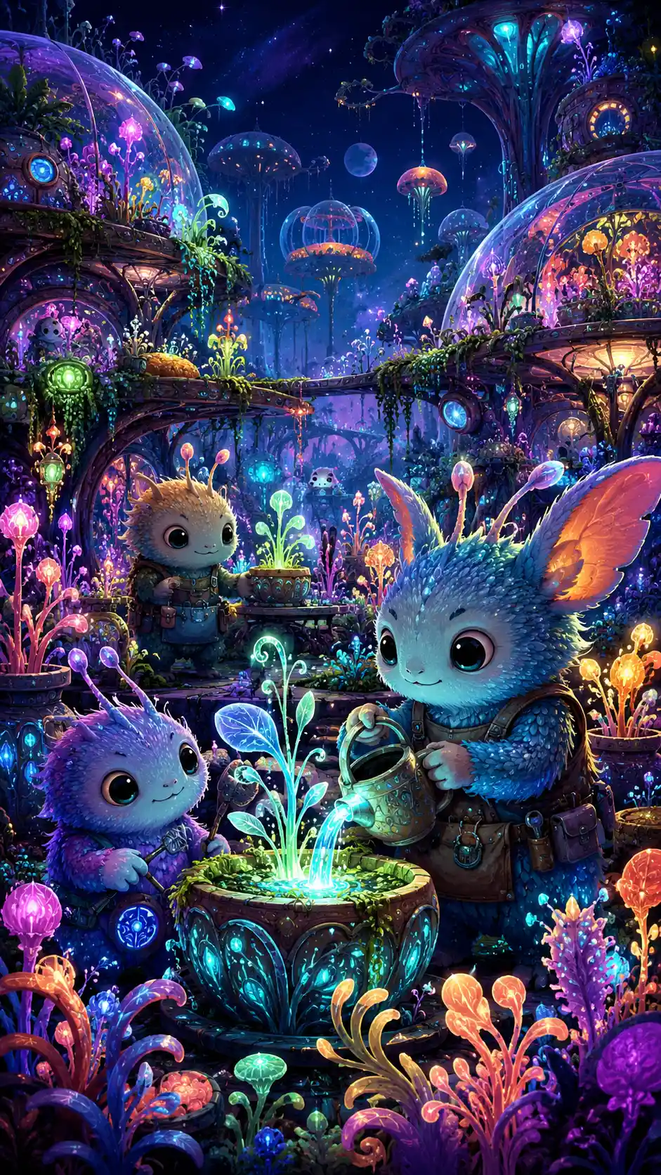 Whimsical alien garden with glowing flora and cute creatures