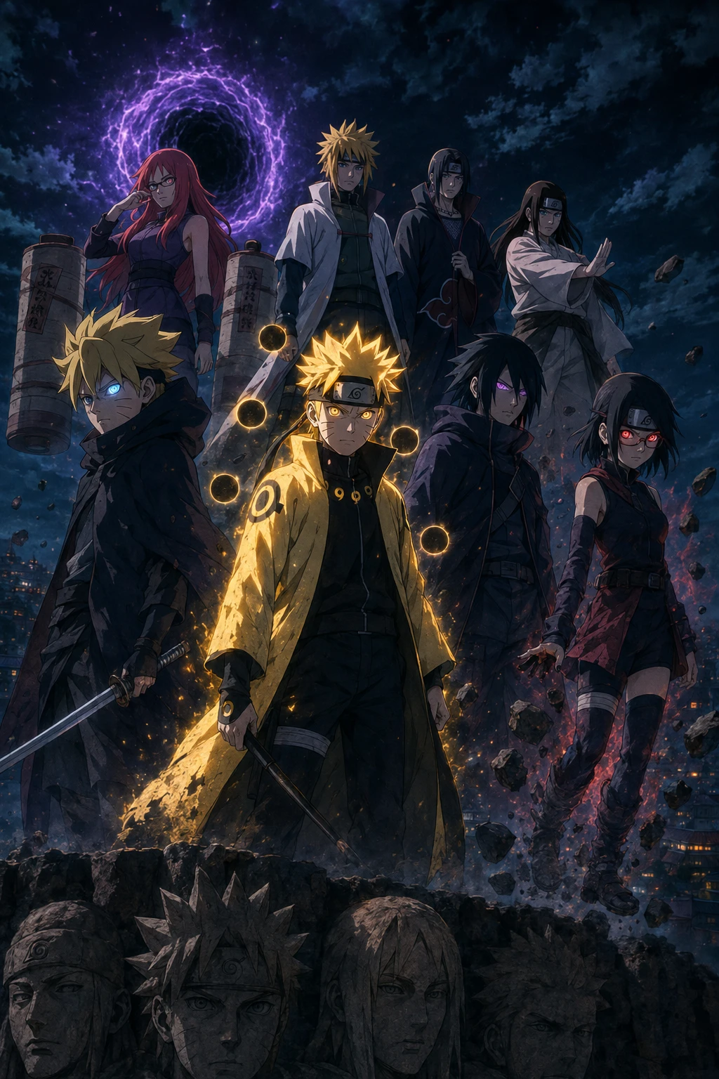 Futuristic shinobi team on the Hokage Monument at night