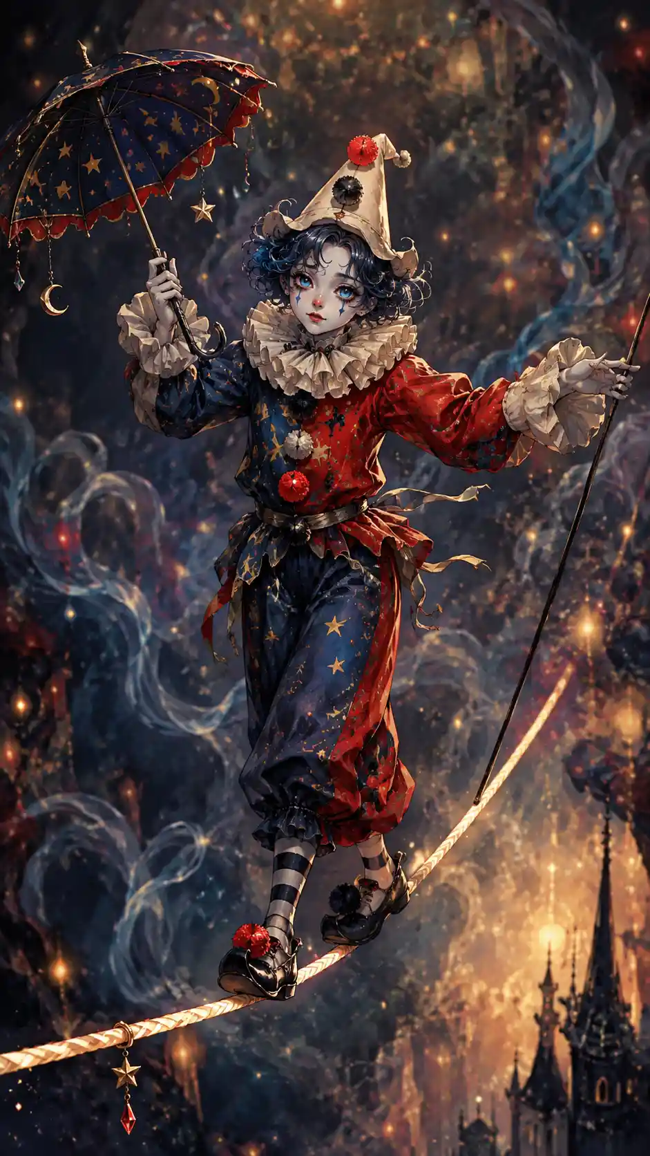 Dreamy clown balancing on a glowing tightrope in mist
