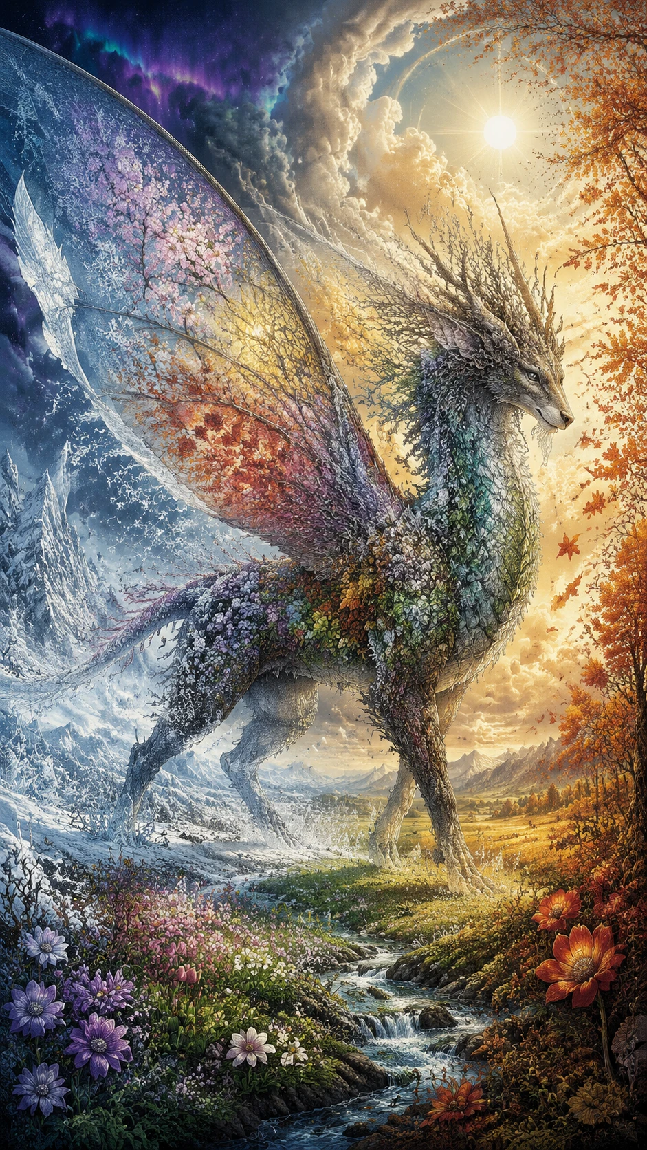 Majestic fantasy creature carrying the four changing seasons