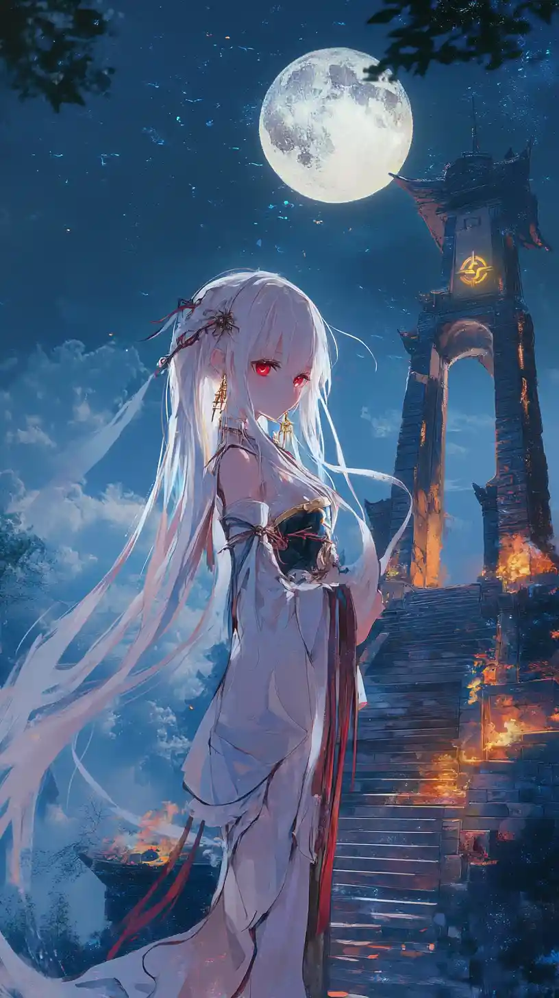 Girl climbing stone pillar stairs above a blue flame sea