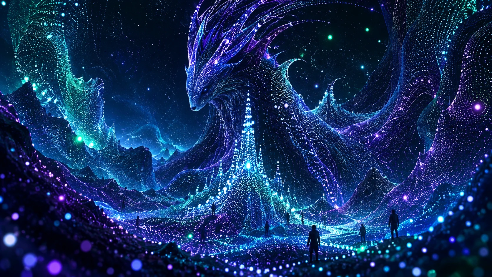 Paisaje de Datos Surrealista con Criatura Mítica de Distribución