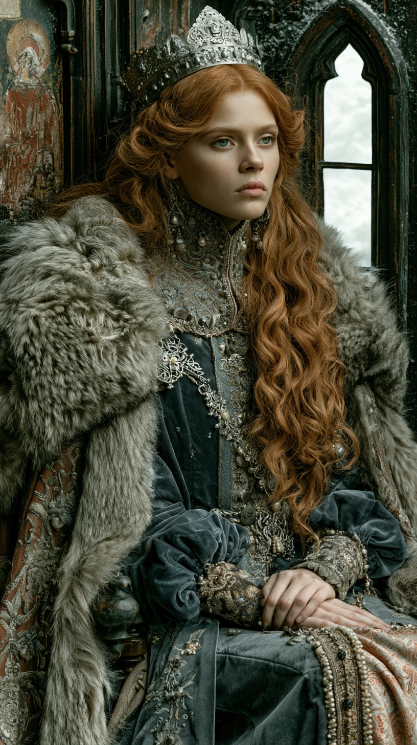 Retrato de joven reina eslava en un oscuro castillo medieval