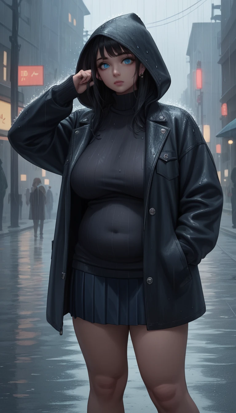 Anime woman in black sweater on rainy city street